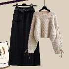 カーキ/セーター+ブラック／スカート