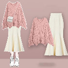 ピンク/セーター+アイボリー/スカート