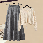 アプリコット/セーター+グレー／スカート