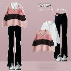ピンク/セーター+シャツ+ブラック/パンツ