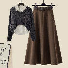 グレー/セーター+シャツ+コーヒー/スカート