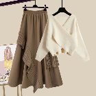 アプリコット/セーター+ブラウン/スカート
