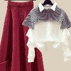 レッド/スカート+グレー/ポンチョ+ホワイト/シャツ
