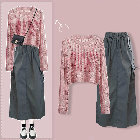 ピンク/キャミソール＋シャツ＋グレー/スカート