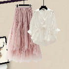ホワイト/シャツ+ピンク/スカート