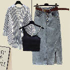 ブラック/キャミソール+ストライプ柄/シャツ+スカート